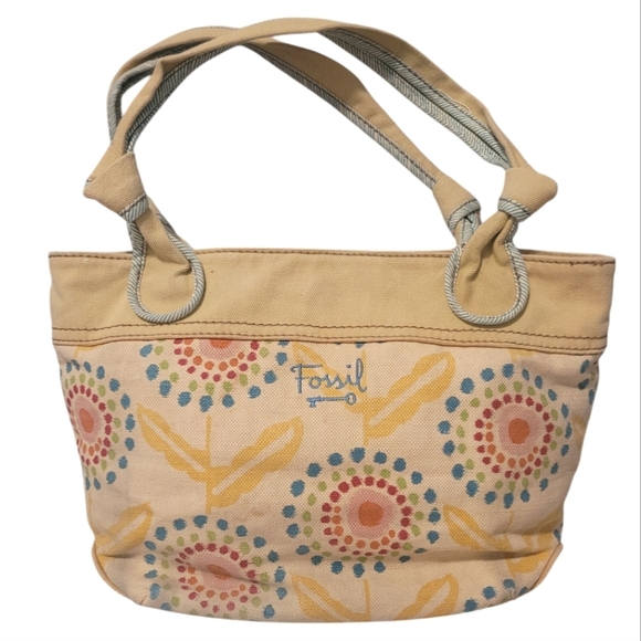Fossil Yellow Beige Floral Canvas Leather Flowers Accent Knot Handles Tote Boho - Picture 1 of 16